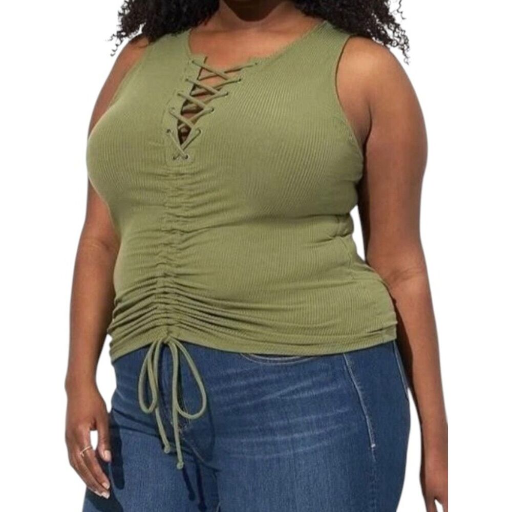 Torrid Super Soft Rib Lace Up Ruched Tie Front Tank Top Olivine Size 2 2x NWT